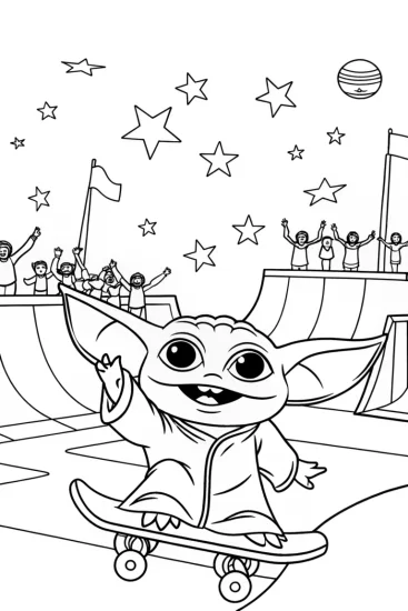 A coloring page of Baby Yoda’s Galactic Skatepark Adventure Coloring Page