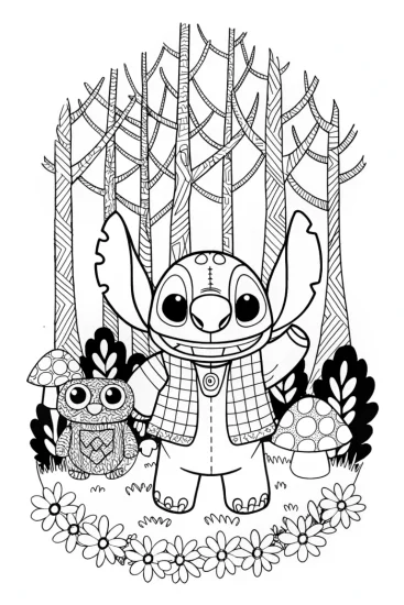 A coloring page of Stitch’s Quilted Animal Friends Adventure Coloring Page