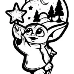 Baby Yoda’s Starry Night Adventure Coloring Page