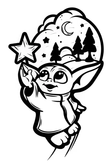 A coloring page of Baby Yoda’s Starry Night Adventure Coloring Page