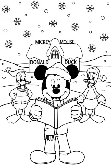 A coloring page of Mickey Mouse and Friends Christmas Coloring Page