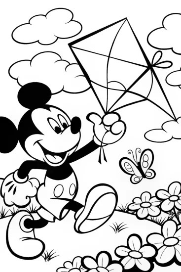 A coloring page of Mickey Mouse Kite Adventure Coloring Page