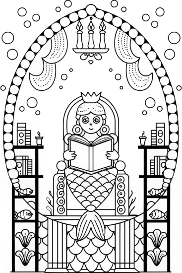 A coloring page of The Enchanted Mermaid’s Library Coloring Page