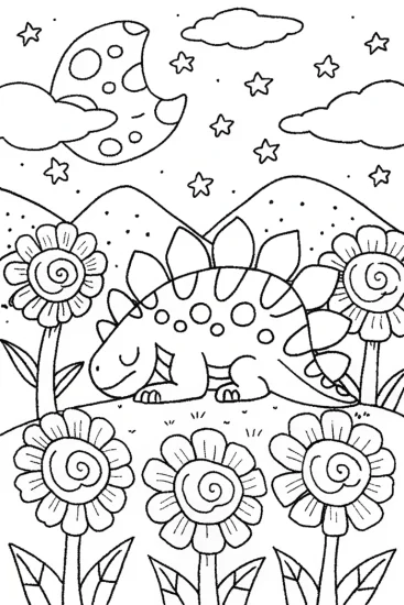 A coloring page of Dino Dreaming in a Cosmic Garden Coloring Page
