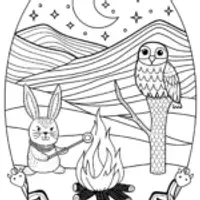 Cozy Campfire Night with Rabbit Coloring Page