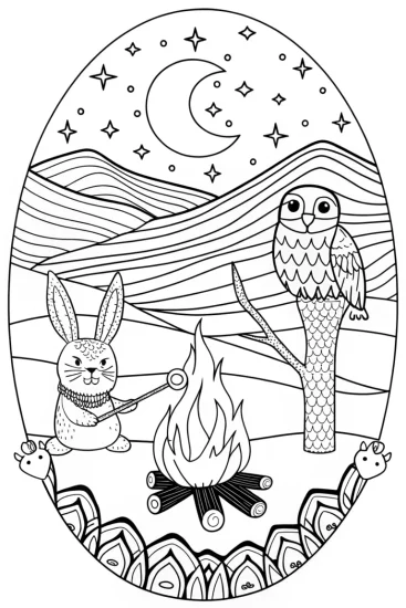 A coloring page of Cozy Campfire Night with Rabbit Coloring Page