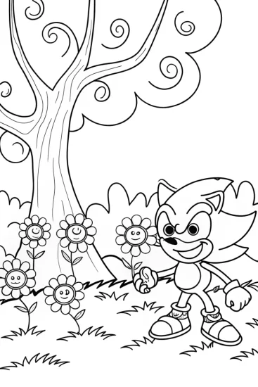 A coloring page of Super Sonic’s Whimsical Garden Coloring Page