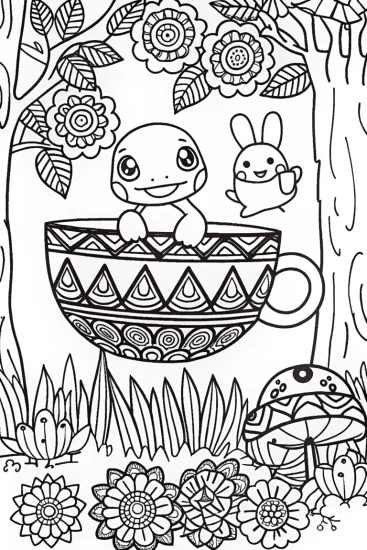 A coloring page of Charmander’s Enchanted Tea Garden Coloring Page