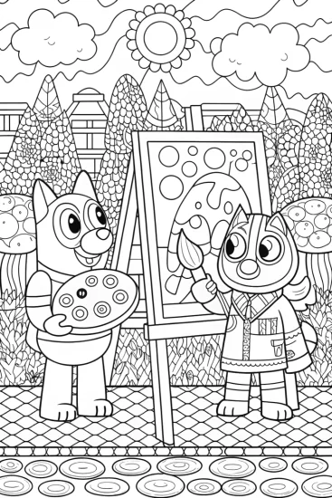 A coloring page of Bluey and Bingo’s Enchanted Art Adventure Coloring Page