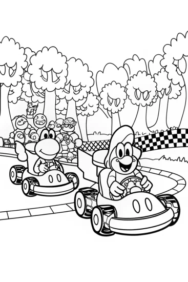 A coloring page of Toad and Yoshi Karting Adventure Coloring Page
