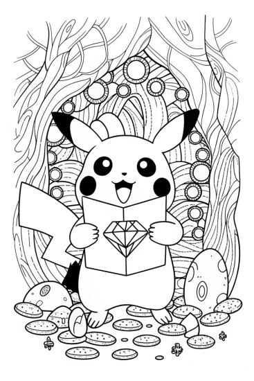 A coloring page of Pikachu’s Magical Treasure Hunt Coloring Page