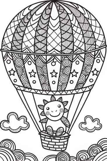 A coloring page of Axolotl floating in a balloon garden