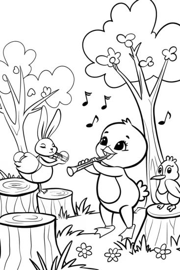 A coloring page of Chick’s Musical Adventure Coloring Page