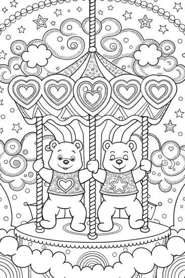 A coloring page of Care Bears on a Cloudy Carousel Coloring Page
