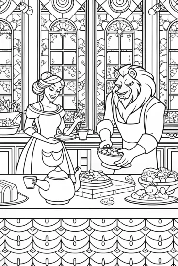 A coloring page of Belle and the Beast’s Enchanted Feast Coloring Page