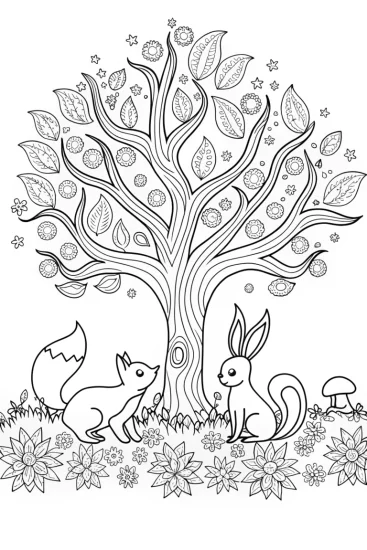 A coloring page of Whimsical Woodland Friends Coloring Page