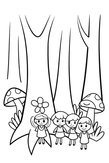 A coloring page of Bratz Dolls at the Enchanted Fashion Forest Coloring Page