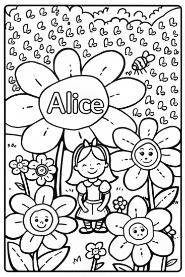 A coloring page of Alice’s Whimsical Word Garden Coloring Page