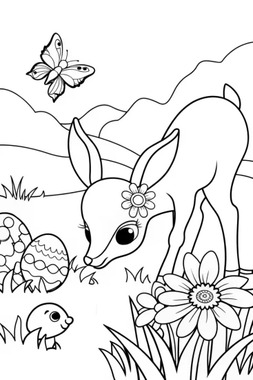 A coloring page of Easter Egg Hunt with Fawn and Bunny Coloring Page