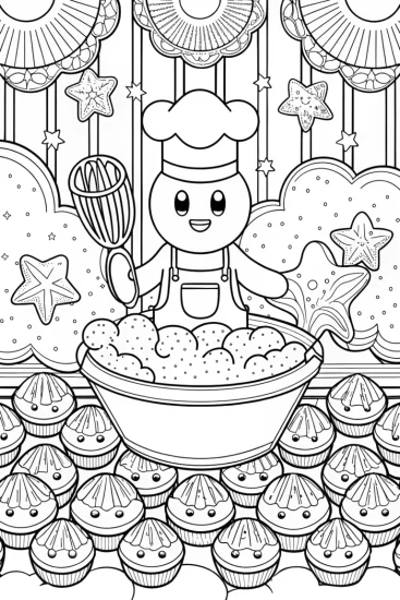 A coloring page of Kirby’s Dreamy Cloud Bakery Coloring Page