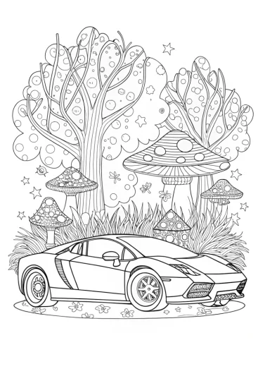 A coloring page of Lamborghini in the Enchanted Forest Coloring Page