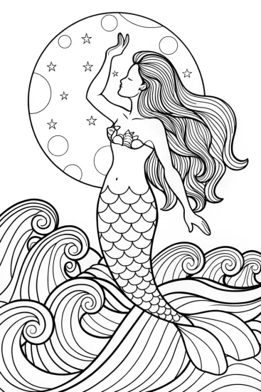 A coloring page of Mermaid and the Moonlit Ocean Dance Coloring Page