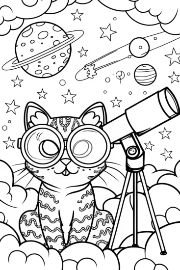 A coloring page of Cat Astronomer Coloring Page