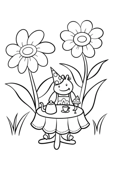 A coloring page of Axolotl’s Enchanted Garden Tea Party Coloring Page