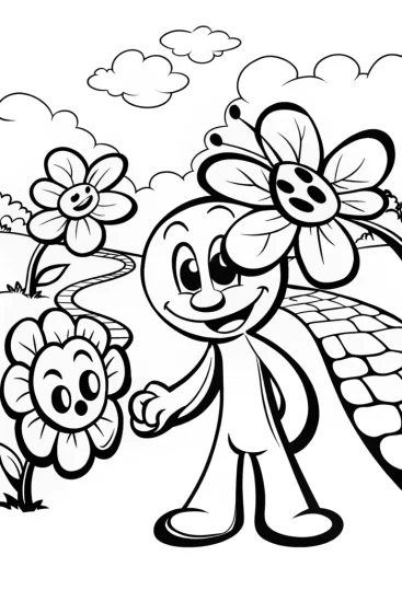 A coloring page of Huggy Wuggy’s Enchanted Garden Adventure Coloring Page