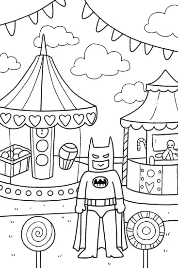 A coloring page of Batman at the Enchanted Mechanical Fair Coloring Page