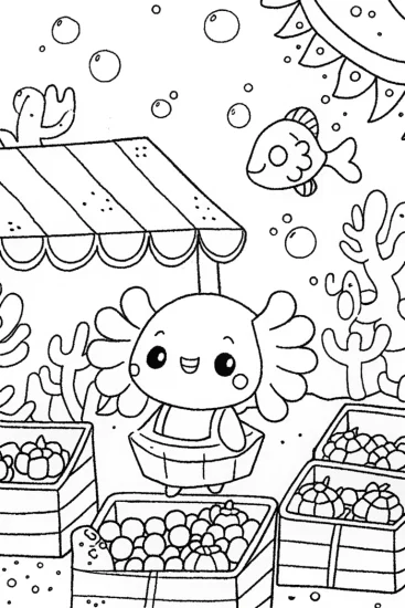 A coloring page of Axolotl’s Enchanted Market Coloring Page