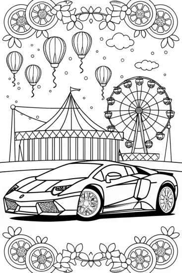 A coloring page of Lamborghini Adventure at the Carnival Coloring Page