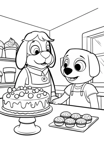 A coloring page of Bluey and Bingo’s Magical Bakery Coloring Page