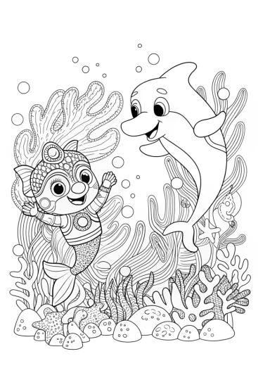 A coloring page of Bluey and Bingo’s Underwater Adventure Coloring Page