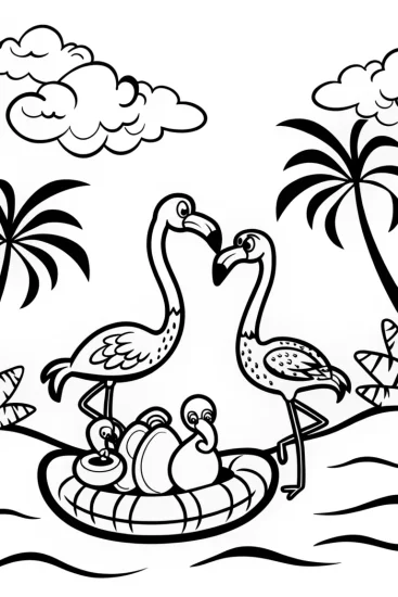 A coloring page of Flamingo Fiesta on the Floating Raft Coloring Page