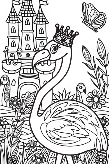 A coloring page of Flamingo Fairytale Castle Adventure Coloring Page