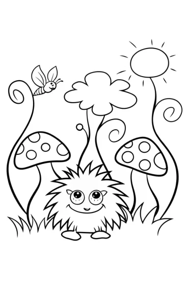 A coloring page of The Enchanted Garden with a Playful Hedgehog