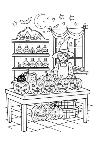A coloring page of Witch’s Enchanted Pumpkin Workshop Coloring Page