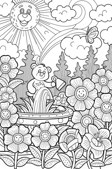 A coloring page of Care Bears in the Enchanted Flower Garden Coloring Page