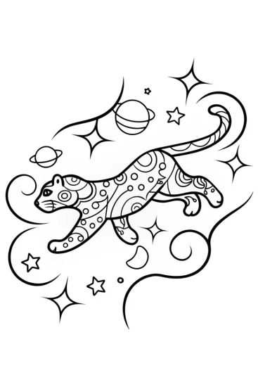 A coloring page of Black Panther in a Cosmic Adventure Coloring Page