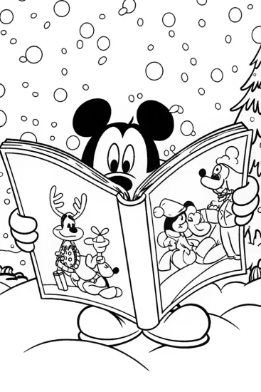 A coloring page of Mickey Mouse Magical Christmas Storytime Coloring Page