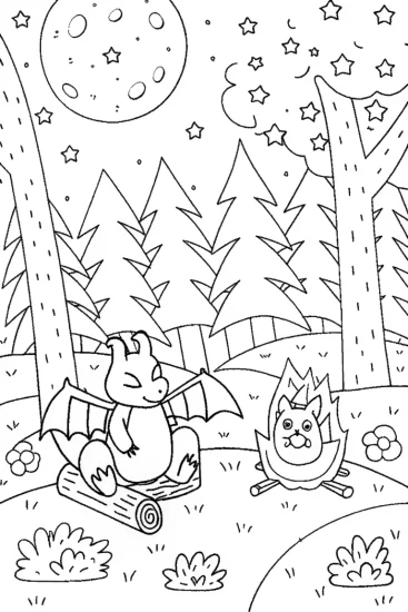 A coloring page of Charizard’s Cozy Campfire Night Coloring Page