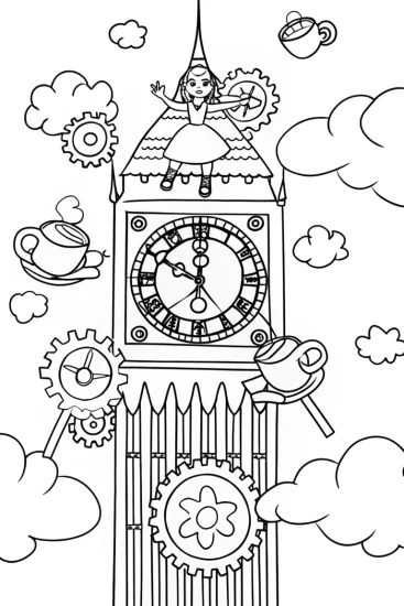 A coloring page of Alice in the Enchanted Tea Clock Coloring Page