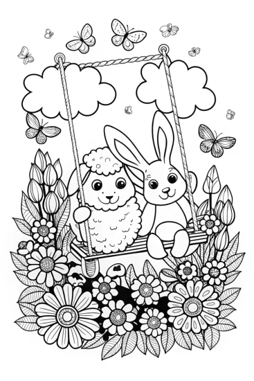A coloring page of Fluffy Friends on a Swing Coloring Page