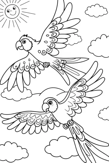 A coloring page of Sky-High Parrots Coloring Page