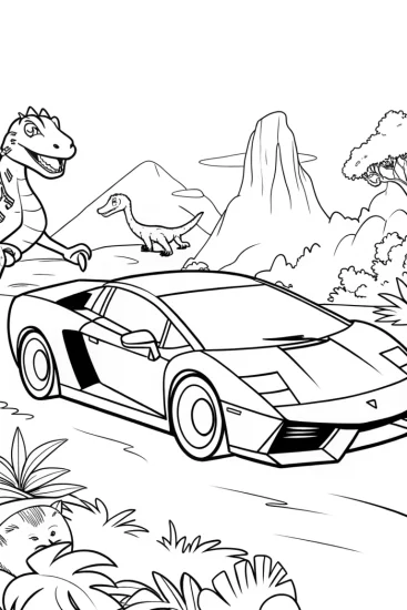 A coloring page of Lamborghini Adventure with Dino Friends Coloring Page