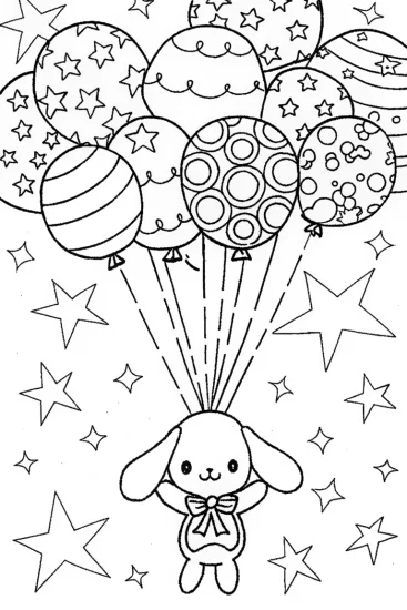 A coloring page of Cinnamoroll’s balloon ride through the stars