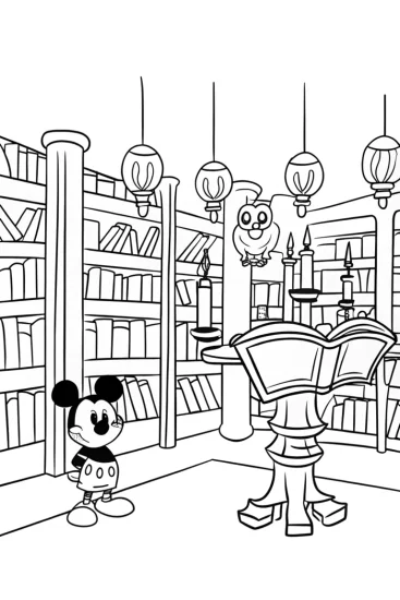 A coloring page of Mickey Mouse’s Adventure in the Enchanted Library