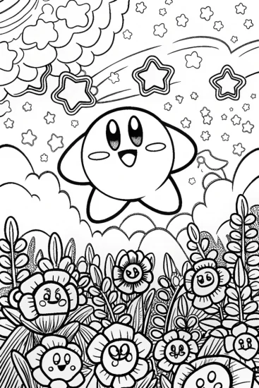 A coloring page of Kirby in the Cosmic Garden Coloring Page