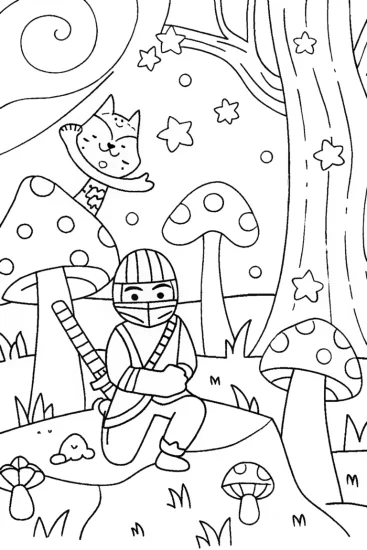 A coloring page of Ninja exploring the magical forest